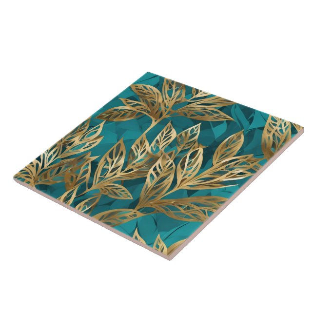 Turquoise Gold Boho Modern Leaves Collection Ceramic Tile (Side)