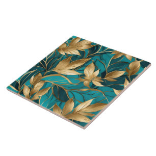 Turquoise Gold Boho Popular Leaves Collection Ceramic Tile