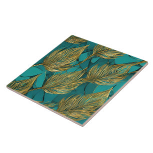 Turquoise Gold Boho Trendy Leaves Collection Ceramic Tile