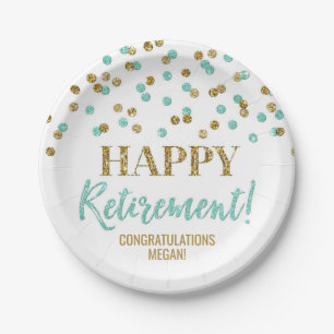 Turquoise Gold Confetti Happy Retirement Paper Plate