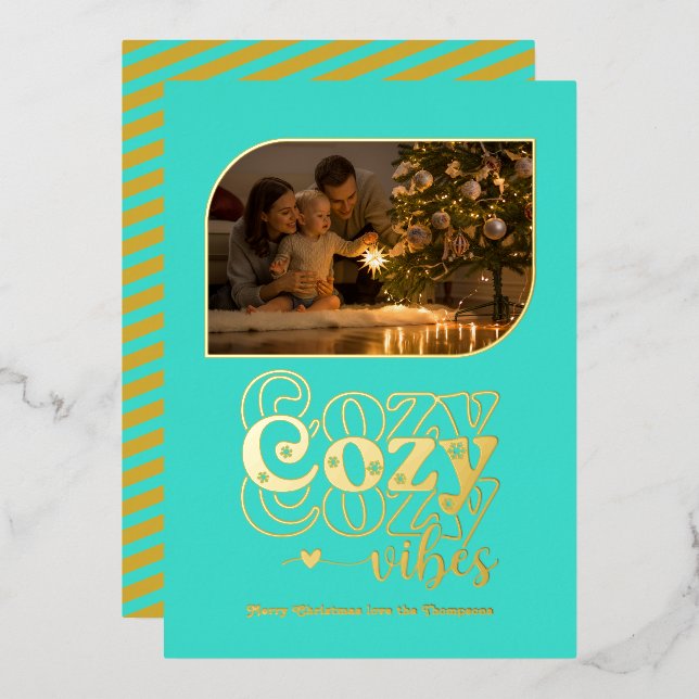 Turquoise & Gold Cosy Vibes Retro Christmas Photo Foil Holiday Card (Front/Back)