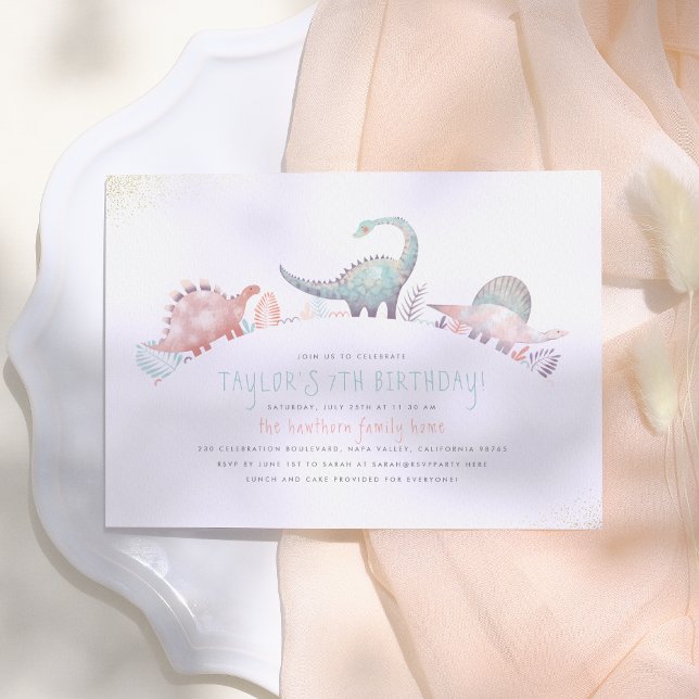 Turquoise & Gold Cute Girl Dinosaur Birthday Party Invitation (Creator Uploaded)