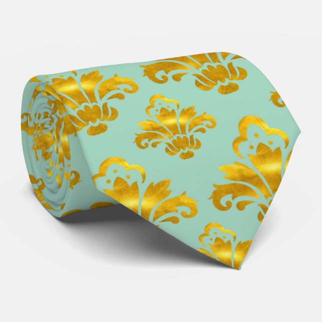 Turquoise Gold Damask Pattern Tie (Rolled)