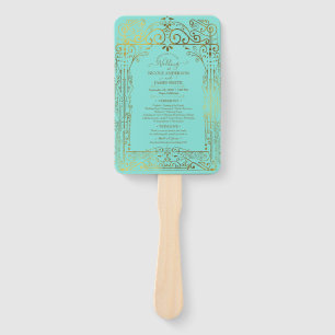 Turquoise Gold Deco Chic Glam Wedding Program Hand Fan