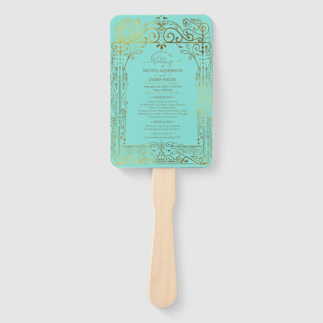 Turquoise Gold Deco Chic Glam Wedding Program  Hand Fan (Front)