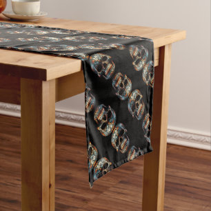 Turquoise Gold Día de los Muertos Skull Long Table Runner