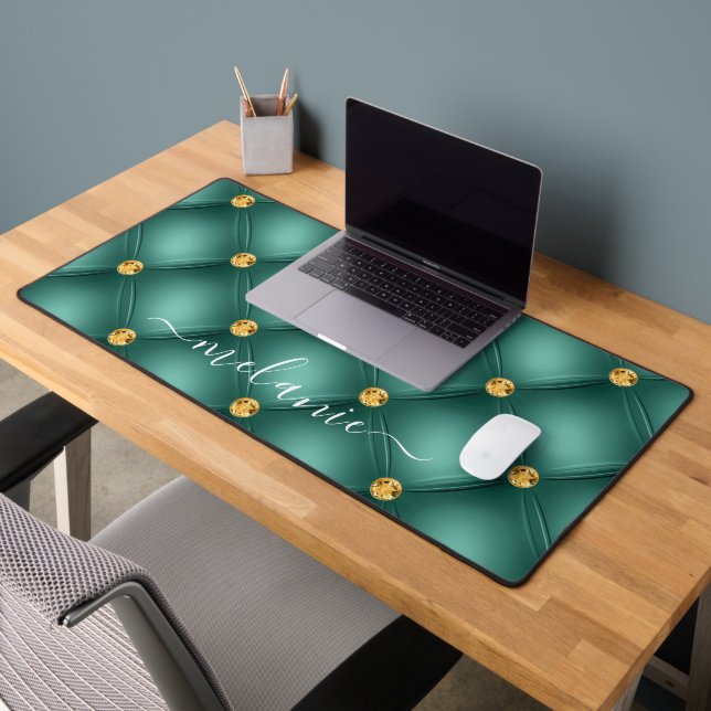 Turquoise Gold Diamond Tufted Custom Name Desk Mat (Office 2)