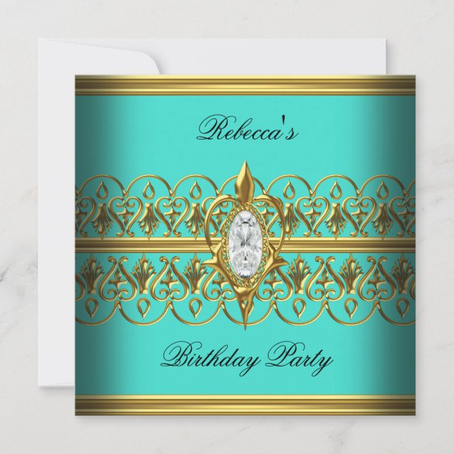 Turquoise  Gold Elegant Birthday Party Jewel Image Invitation (Front)