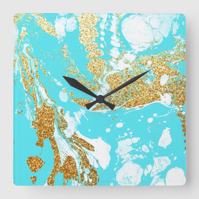 Turquoise gold faux glitter elegant marble square wall clock (Front)