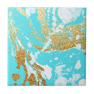 Turquoise gold faux glitter modern marble pattern tile