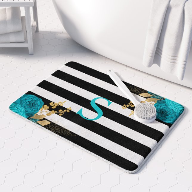 Turquoise Gold Floral Monogram Black White Stripes Bath Mat (Creator Uploaded)
