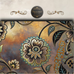 Turquoise Gold Floral Mosaic Decoupage Tissue Paper