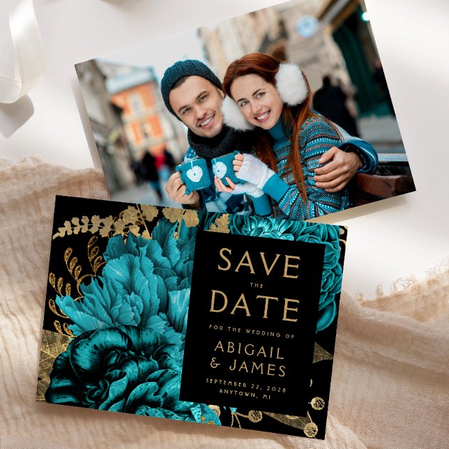 Turquoise Gold Floral Photo Wedding Save the Date Invitation (Creator Uploaded)