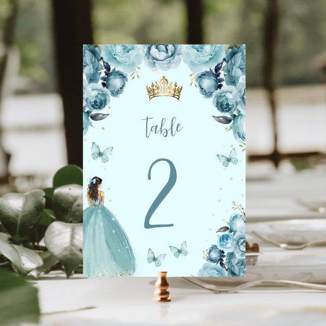 Turquoise Gold Floral Princess Quinceañera Table Number (Creator Uploaded)