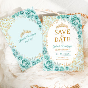 Turquoise Gold Floral Quinceanera Save The Date