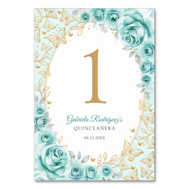 Turquoise Gold Floral Quinceanera Table Number (Front)