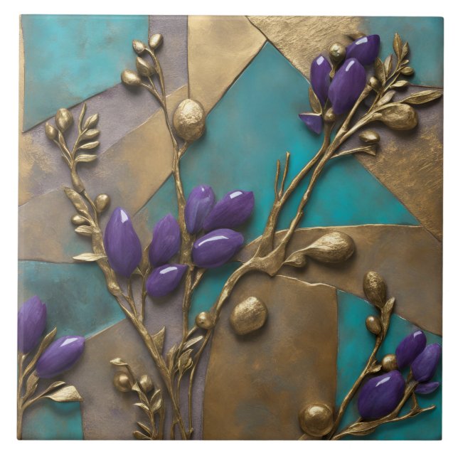 Turquoise & Gold Floral Relief Art with Purple  Ceramic Tile (Front)