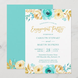 Turquoise Gold Floral Romance Engagement Party Invitation