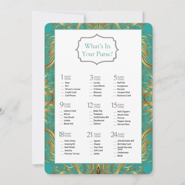 Turquoise Gold Flourishes Bridal Shower Game Invitation (Front)