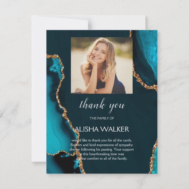 Turquoise & Gold Funeral Memorial Thank You Card (Front)