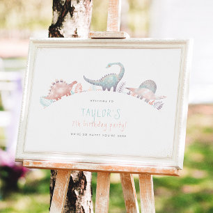 Turquoise & Gold Girl Dinosaur Birthday Party Poster