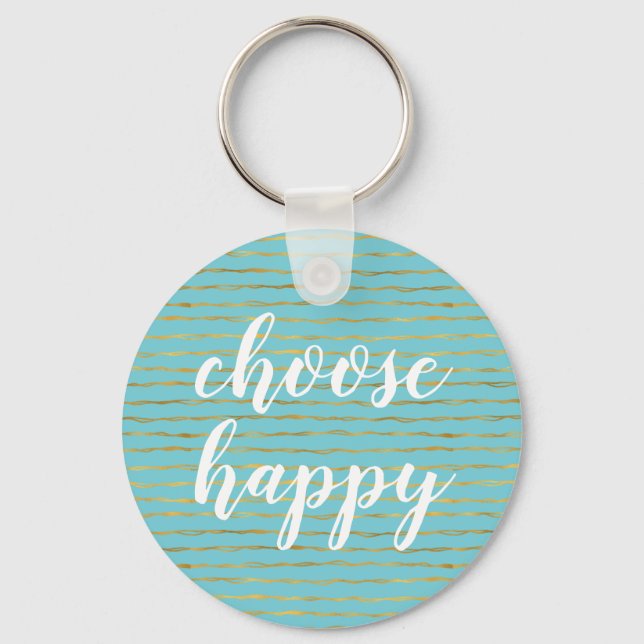 Turquoise Gold Glam Stripes Happy Key Ring (Front)