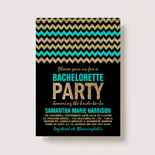 Turquoise, Gold Glitter Chevron Bachelorette Party Invitation