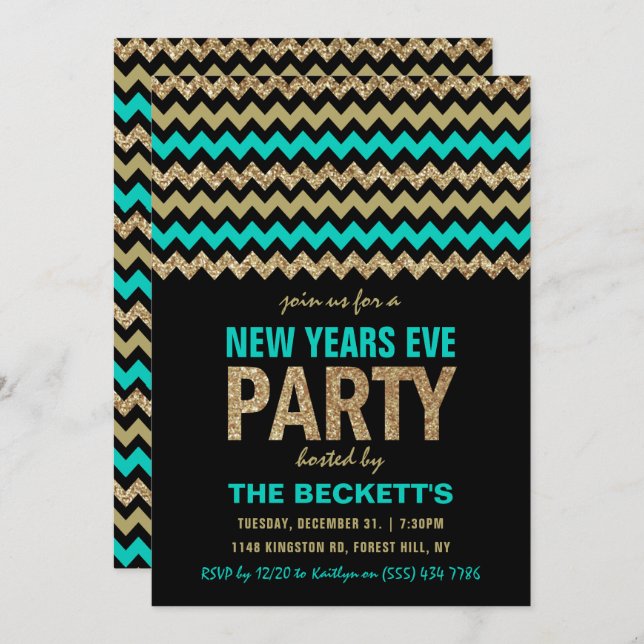 Turquoise & Gold Glitter Chevron New Years Party Invitation (Front/Back)