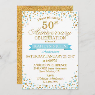 Turquoise Gold Glitter Dots 50th Anniversary Invitation