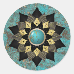 Turquoise & Gold Lotus Flower Mandala Elegant Classic Round Sticker