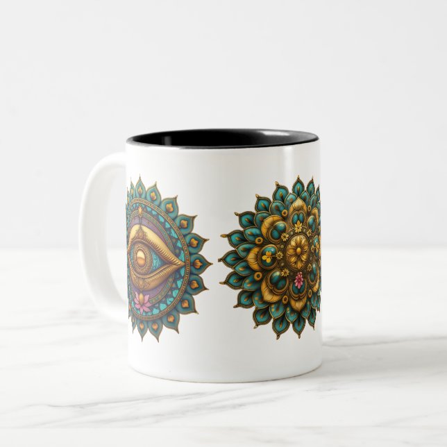 Turquoise Gold Lotus Mandala - Fantasy Graphic Art Two-Tone Coffee Mug (Front Left)