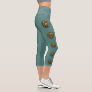 Turquoise Gold Lotus Mandala Print Teal Activewear Capri Leggings