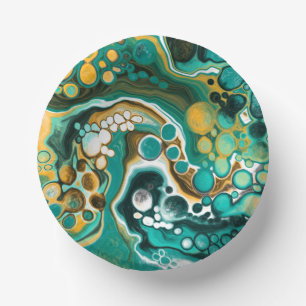 Turquoise, Gold, Marble Fluid Art  Paper Plate