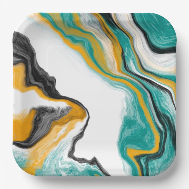 Turquoise, Gold, Marble Fluid Art    Paper Plate (Front)