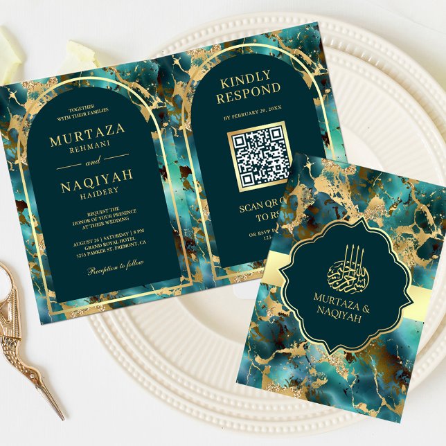 Turquoise Gold Marble QR Code Muslim Wedding Invitation (Creator Uploaded)