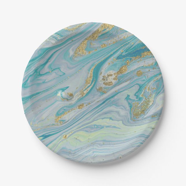 Turquoise & Gold Marble Swirl Agate Geode Bohemian Paper Plate (Front)