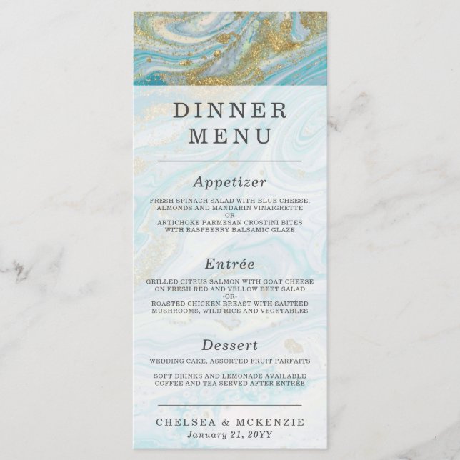 Turquoise & Gold Marble Swirl Agate Geode Dinner Menu (Front)