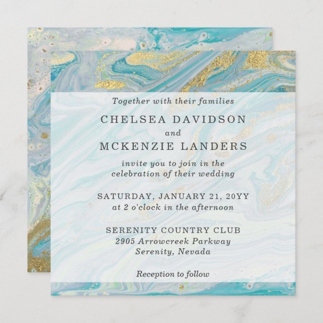 Turquoise & Gold Marble Swirl Agate Geode Wedding Invitation (Front/Back)
