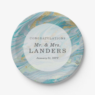 Turquoise & Gold Marble Swirl Agate Geode Wedding Paper Plate