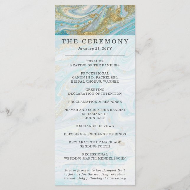 Turquoise & Gold Marble Swirl Agate Geode Wedding Program (Front)