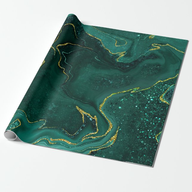 Turquoise gold marbling design wrapping paper (Unrolled)