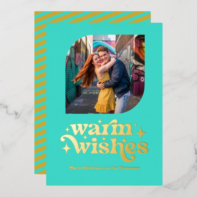 Turquoise & Gold Modern Retro Christmas Photo Foil Holiday Card (Front/Back)