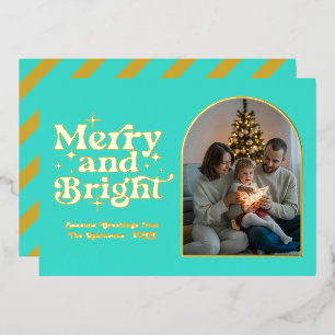 Turquoise & Gold Modern Retro Christmas Photo Foil Holiday Card