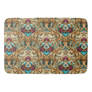Turquoise & Gold Ornate Damask Bath Mat