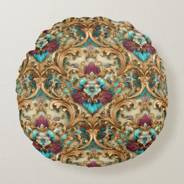 Turquoise & Gold Ornate Damask Round Cushion (Front)