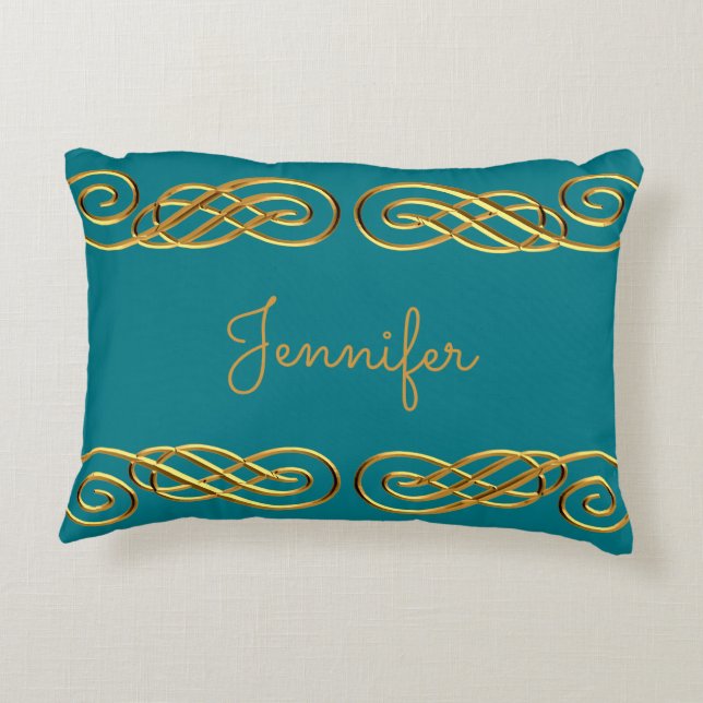 Turquoise & Gold Personalised Throw Pillow (Back)