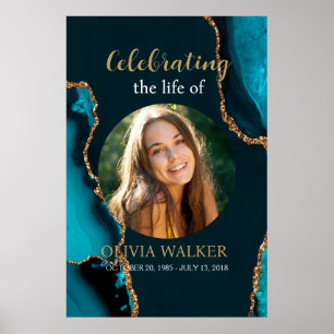  Turquoise & Gold Photo Funeral Memorial Sign