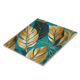 Turquoise Gold Popular Boho Leaves Collection Ceramic Tile