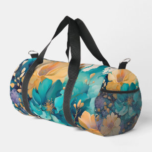 Turquoise Gold Purple Navy Watercolor Flowers Duffle Bag