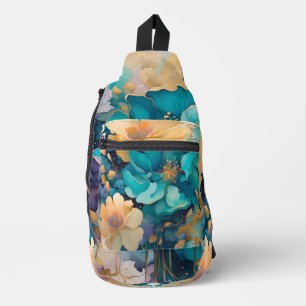 Turquoise Gold Purple Navy Watercolor Flowers Sling Bag